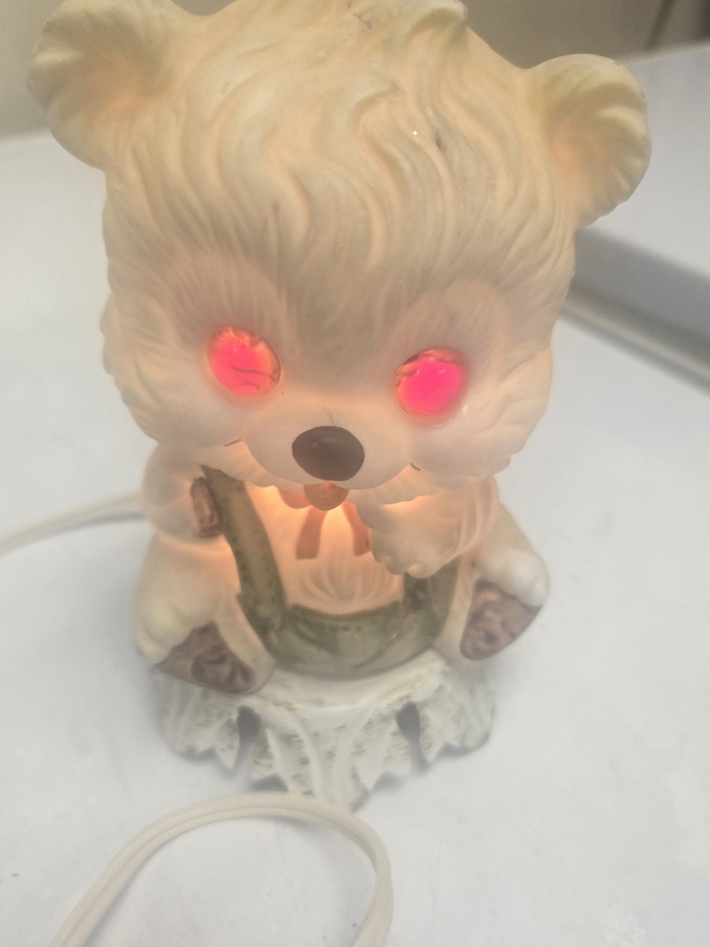 Ceramic Bear Night Light in Cream with Pink Eyes